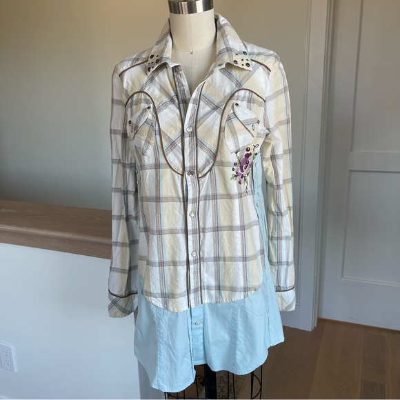 Re-Do handmade re-imagined button down. Whimsical, boho mashup of 2 shirts, S - Picture 5 of 10